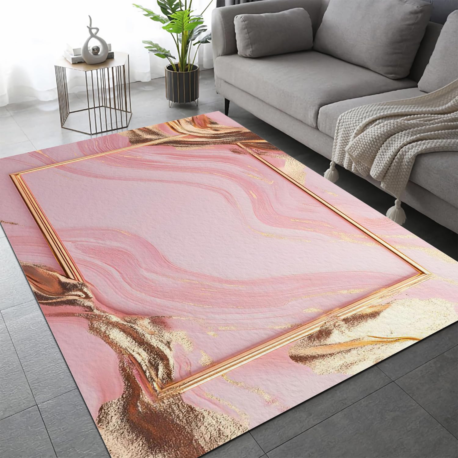 Tapis de salon design marbré rose moderne 60x90 pour sublimer la chambre