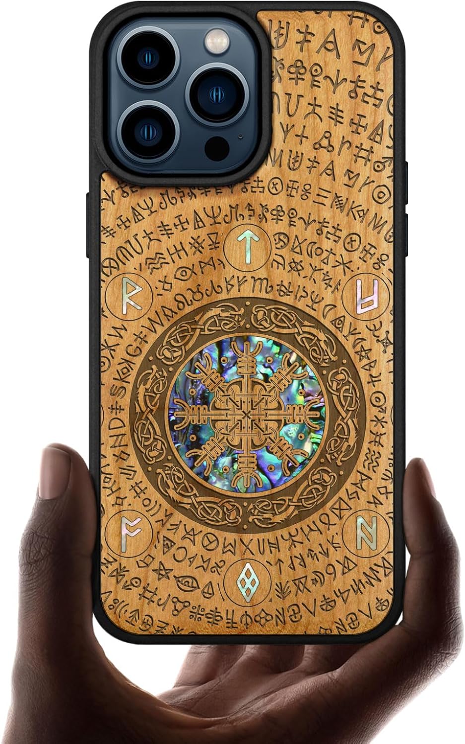 Carveit Designer Wooden Protective Case For IPhone 12 Magnetic Cover [Wood Engraving & Shell Inlay] Unique Wood Phone Case Compatible With IPhone 12 MagSafe 6.1 Inch (Wolf-Cherry