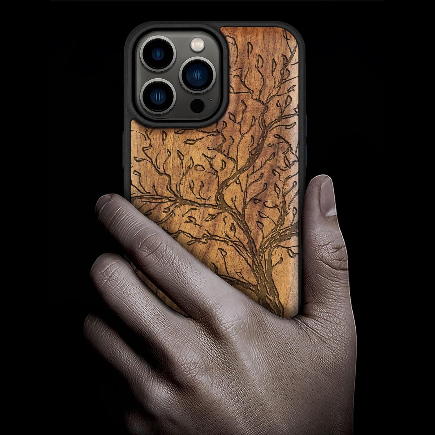Carveit Magnetic Wooden Case for iPhone 15 Pro Max Case, Compatible with MagSafe Wireless Chargers, Black Soft TPU Shockproof Cover & Wood Artisan Engraved (The Vintage Olive Tree) - Walnut
