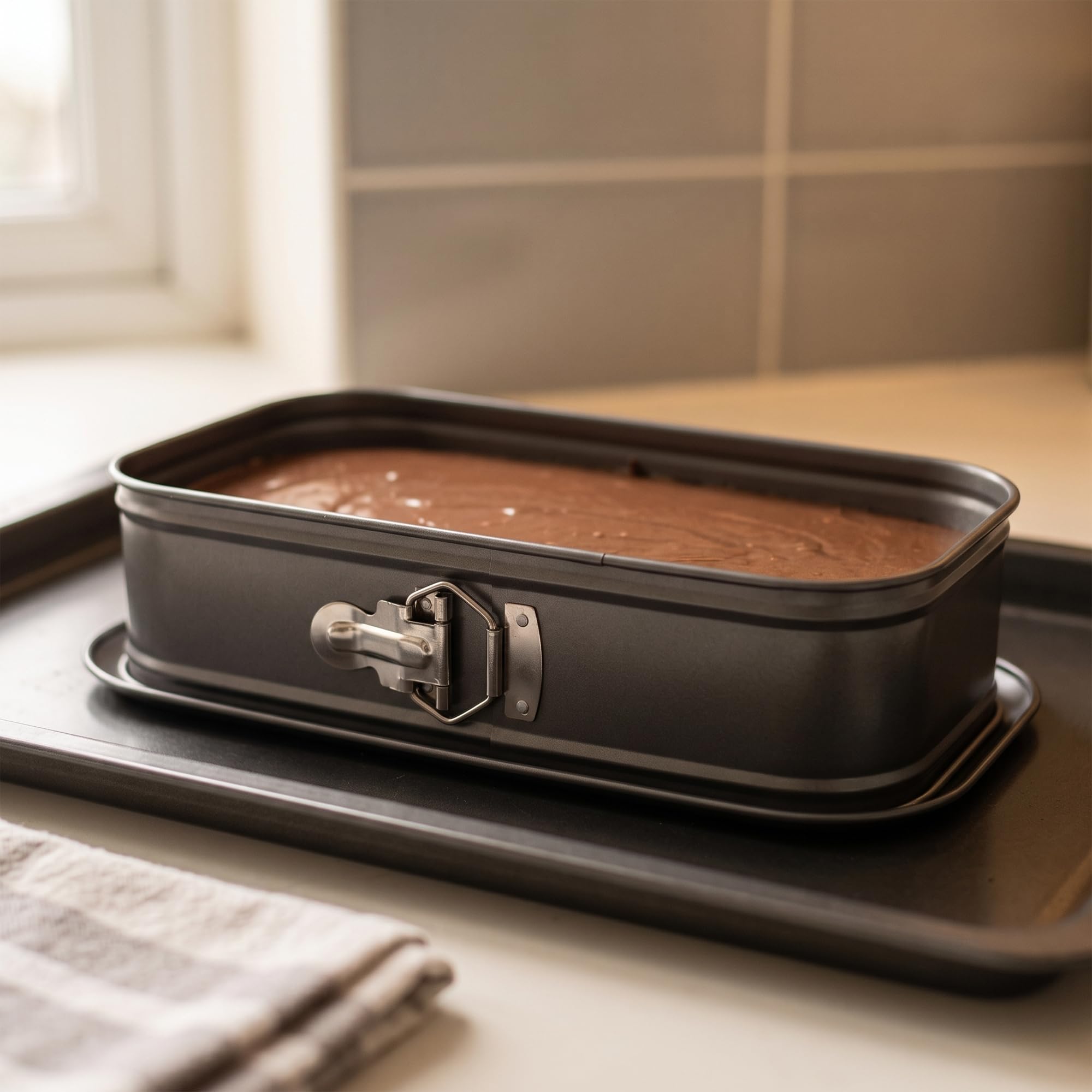 Confezione da 2 teglie rettangolari per torte a molla, 35,5 x 24 x 7,8 cm, in acciaio al carbonio, con fondo rimovibile, teglie da forno a prova di perdite, per forni domestici e cucina
