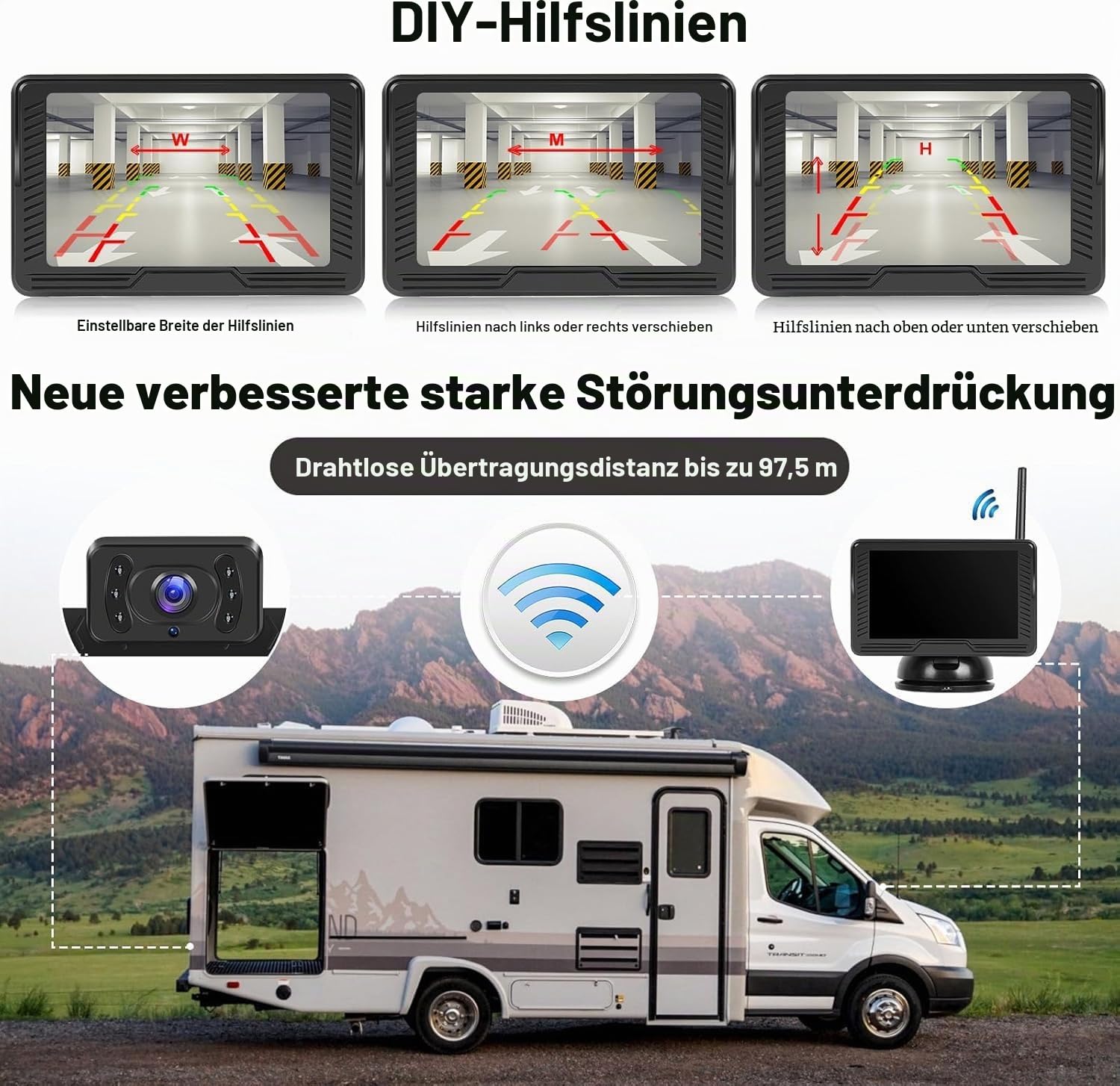 Wireless Digitales drahtloses Rückfahrkamera Kit mit 4,3" IPS-Bildschirm Nachtsicht IP69 wasserdichte Rückfahrkamera mit Weitwinkel für Vans, Trucks, Camping Cars, RVs