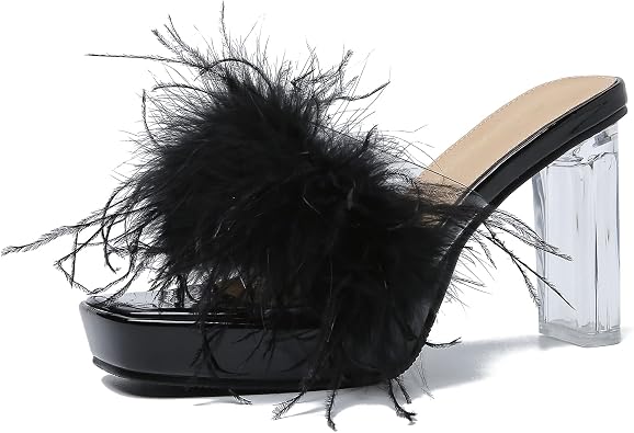 LIURUIJIA Womens Feather Platform Heels Square Toe Slip On Mules