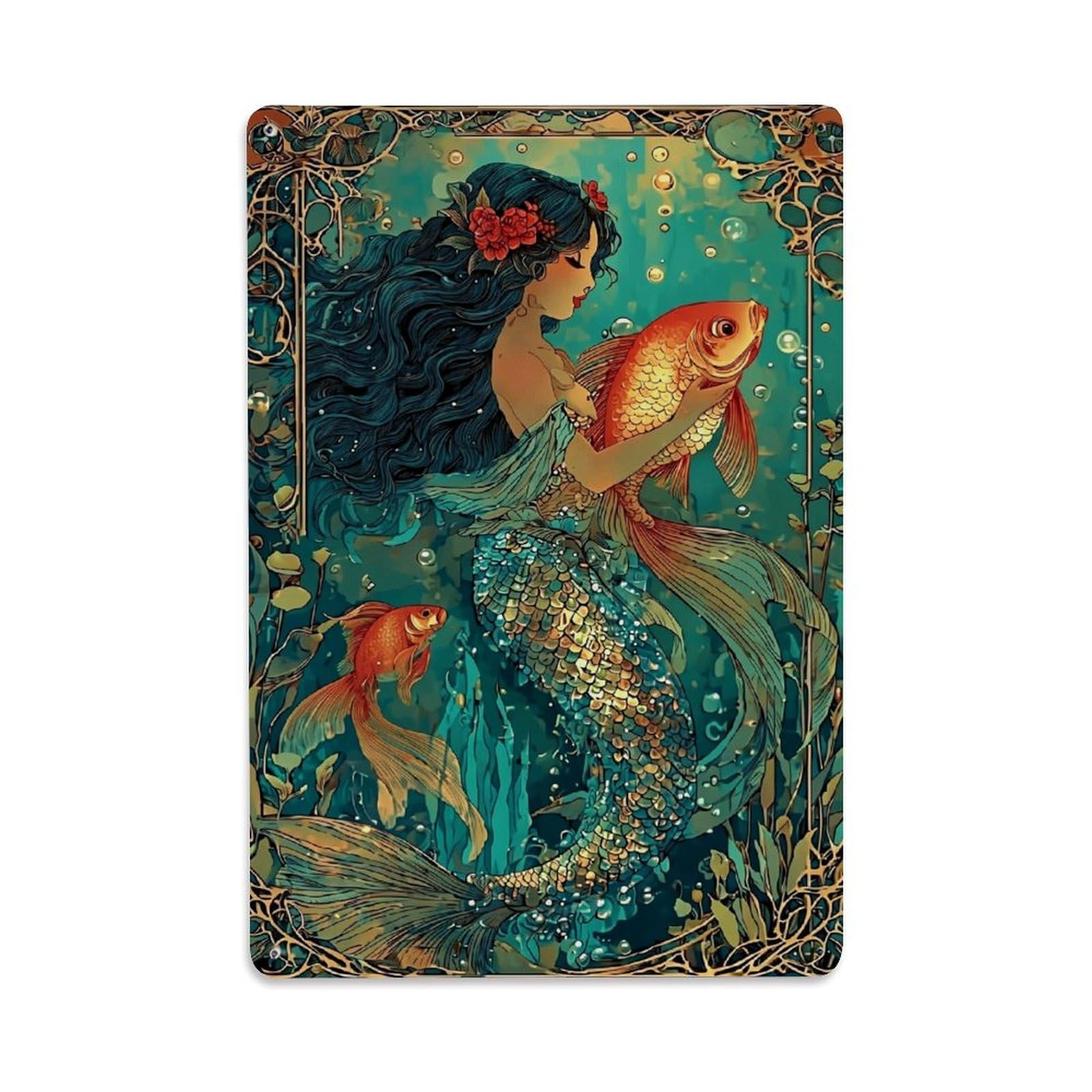 Nestemfo Vintage Mermaid Holding Goldfish Underwater Scene Tin Sign Metal Sign, Living Room,Bar, Home, Bedroom Wall Decor,Retro Metal Poster 8X12 Inches