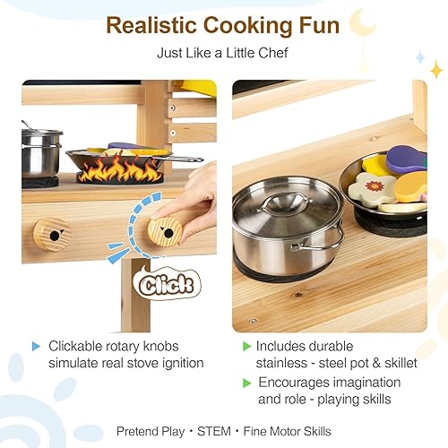 Miniatura 5 de Construcción de ensueño Cocina de barro para niños al aire libre, juego de cocina de madera para niños pequeños con fregadero, utensilios de cocina,