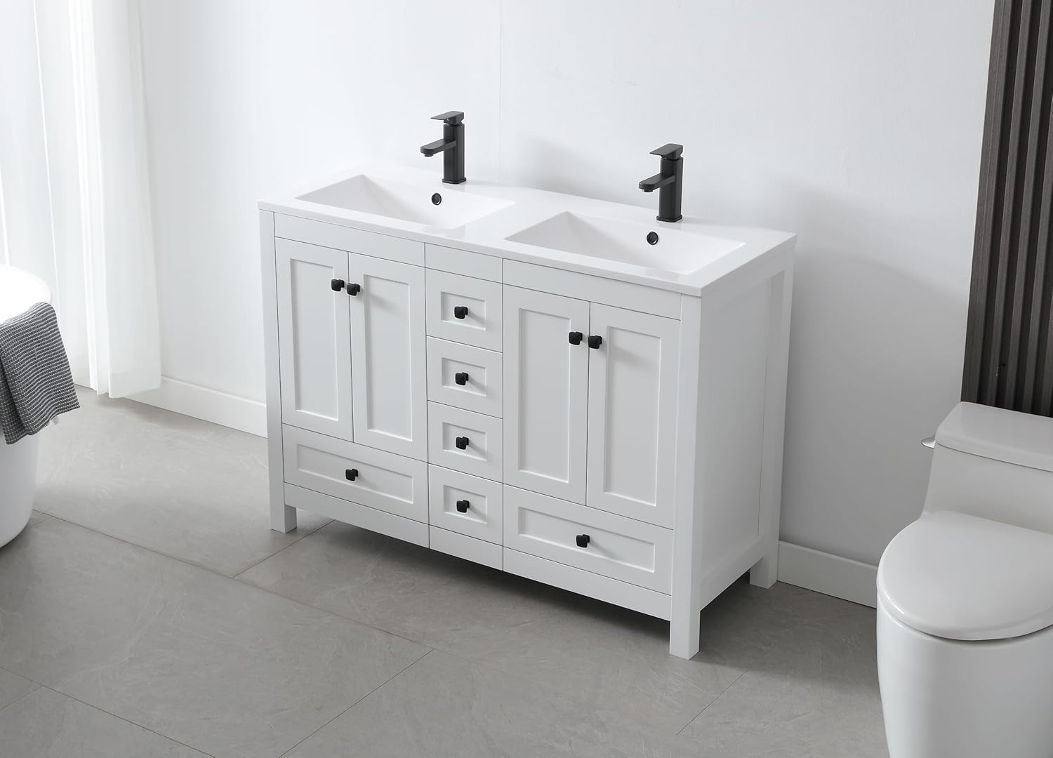 Diagram showing the dimensions of the LUCKWIND 48-inch Bathroom Vanity: 47 inches width, 17.7 inches depth, 33.4 inches height, and 8 inches faucet height.