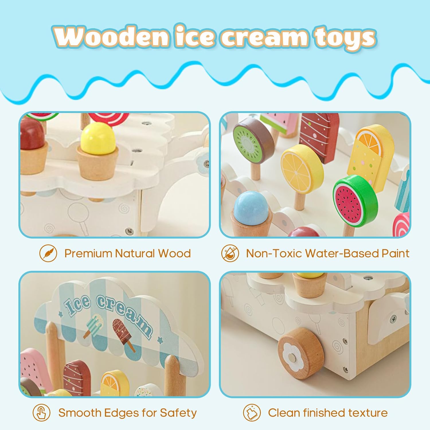 BROWNROOT Wooden Ice Cream Cart, Pull Along Pretend Play Toy for Kids | Popsicles and cones, scoop-and-serve play, Montessori style, motor skills, ages 3+, gift for girls and boys
