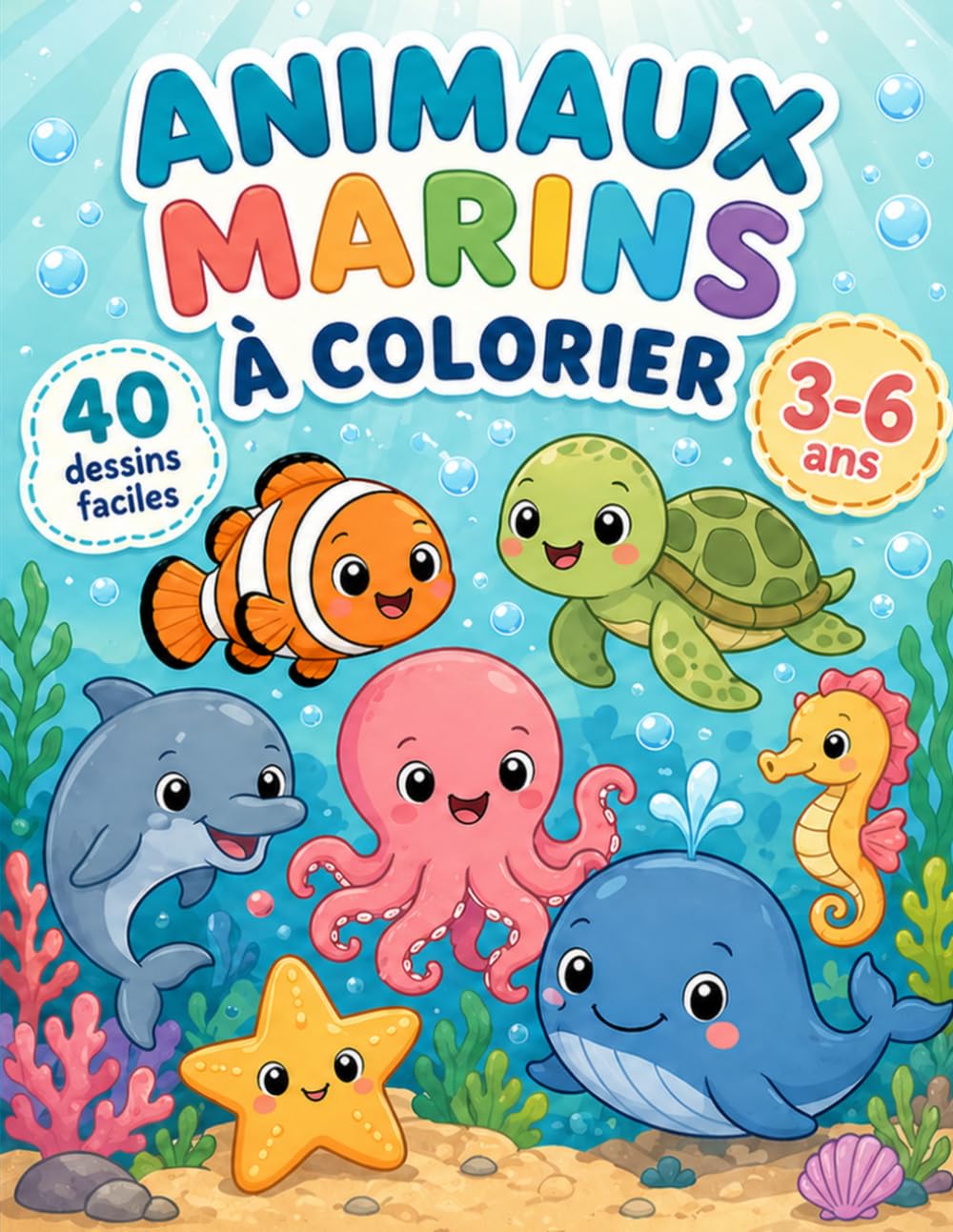 Mon premier livre de coloriages animaux marins: 40 dessins faciles pour enfants de 3 à 6 ans
