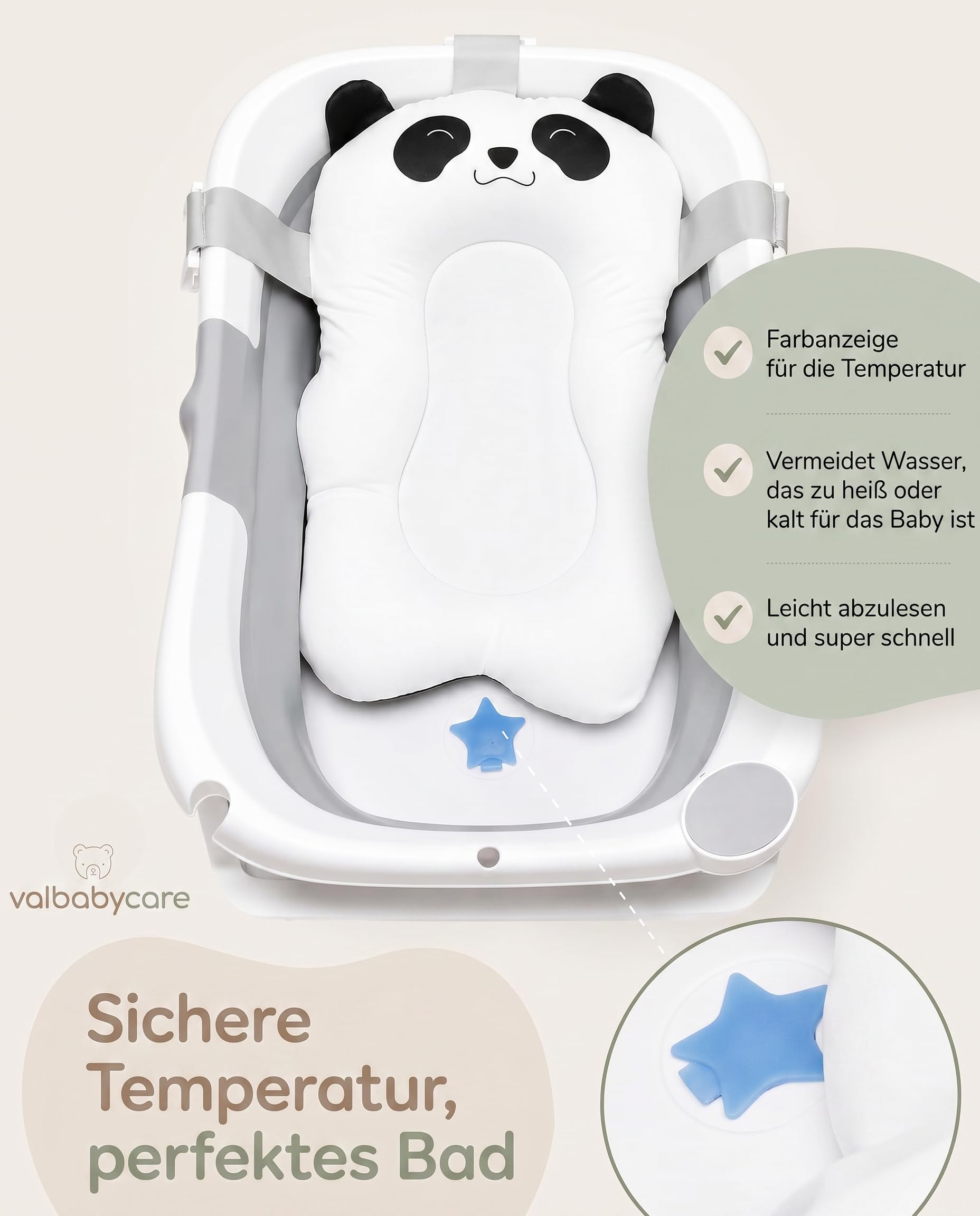 Baby Badewanne Faltbar Antirutsch Ergonomisch Neugeborene Bis 2 Jahre mit Panda Kissen Groß und gepolstert Faltbare Babybadewanne Babywanne Tragbare Wanne Leicht Zu Reinigen BathTub Bath VALBABY