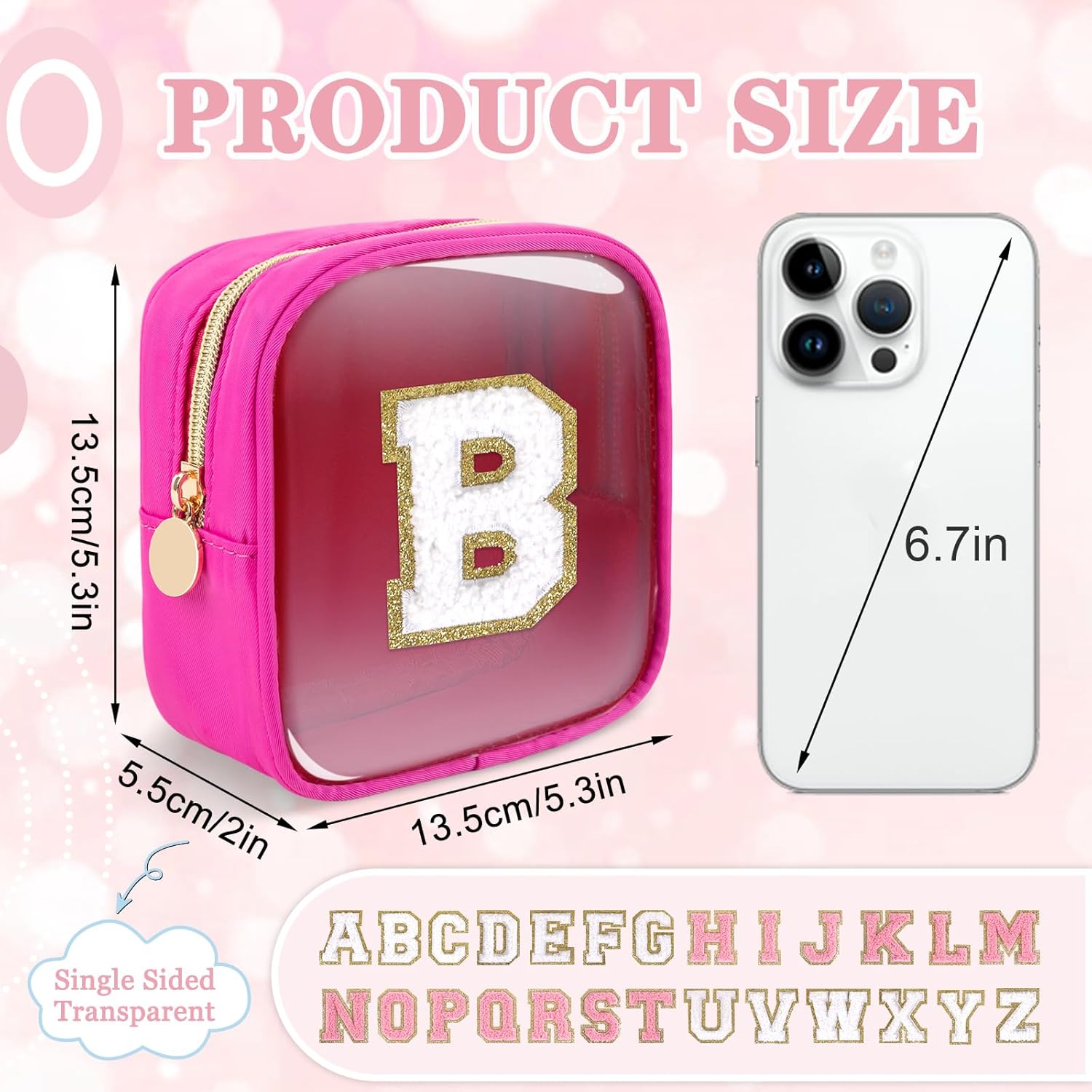 Mini Clear Personalized Initial Makeup Bag,Nylon Preppy A-Z Chenille Letter Patch Zipper Cosmetic Bag, Small Cute Beach Pouch Travel Purse Sanitary Napkin Storage Bag for Women Girls(Hot Pink-White B) - Image 2