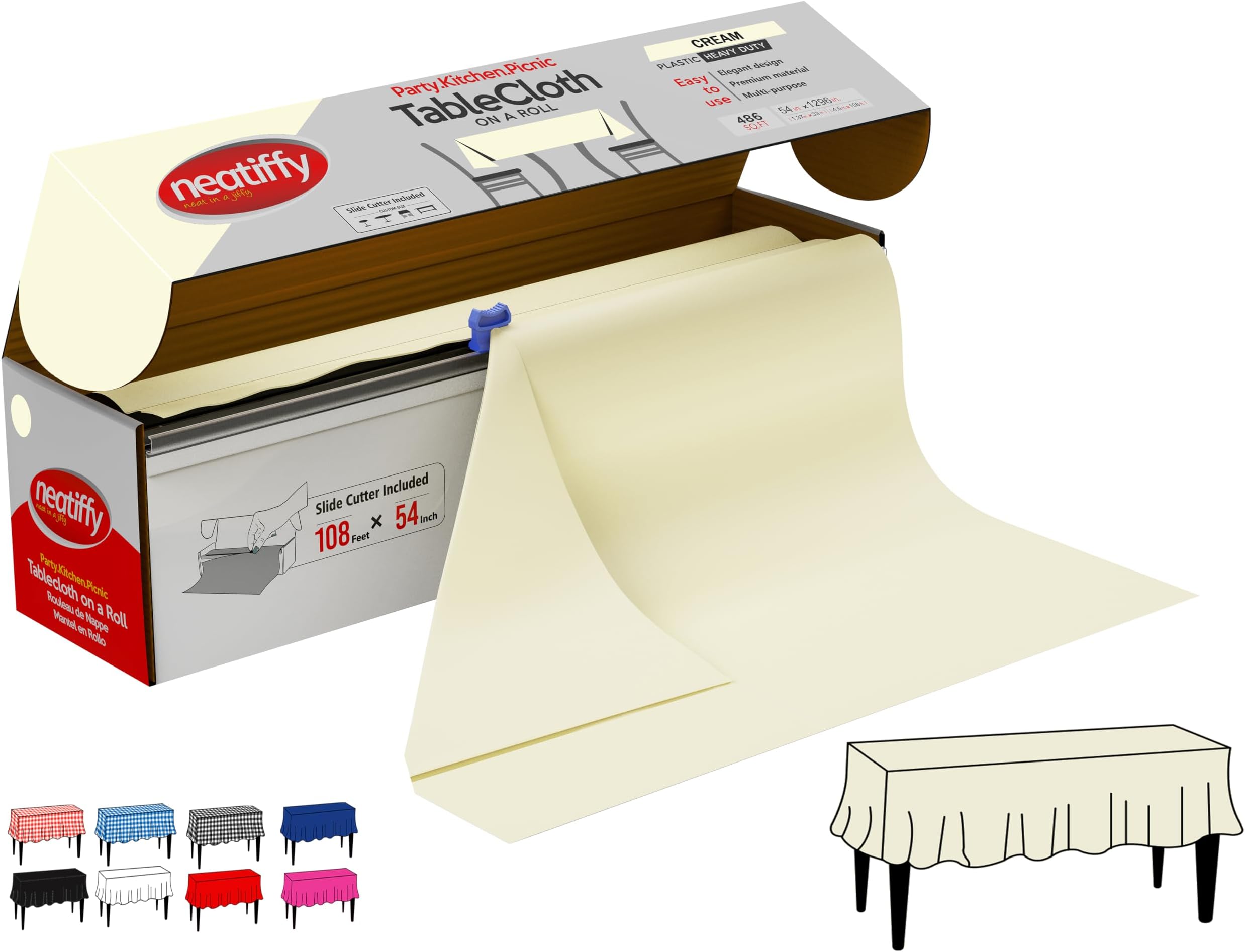 Neatiffy Disposable Plastic Table Cloth Roll | 54 in x 108 Ft Waterproof Tablecloth | Table Cover for Rectangle, Square, Round Oval Tables | Picnic, Party, Banquet, Birthdays, Weddings - Ivory