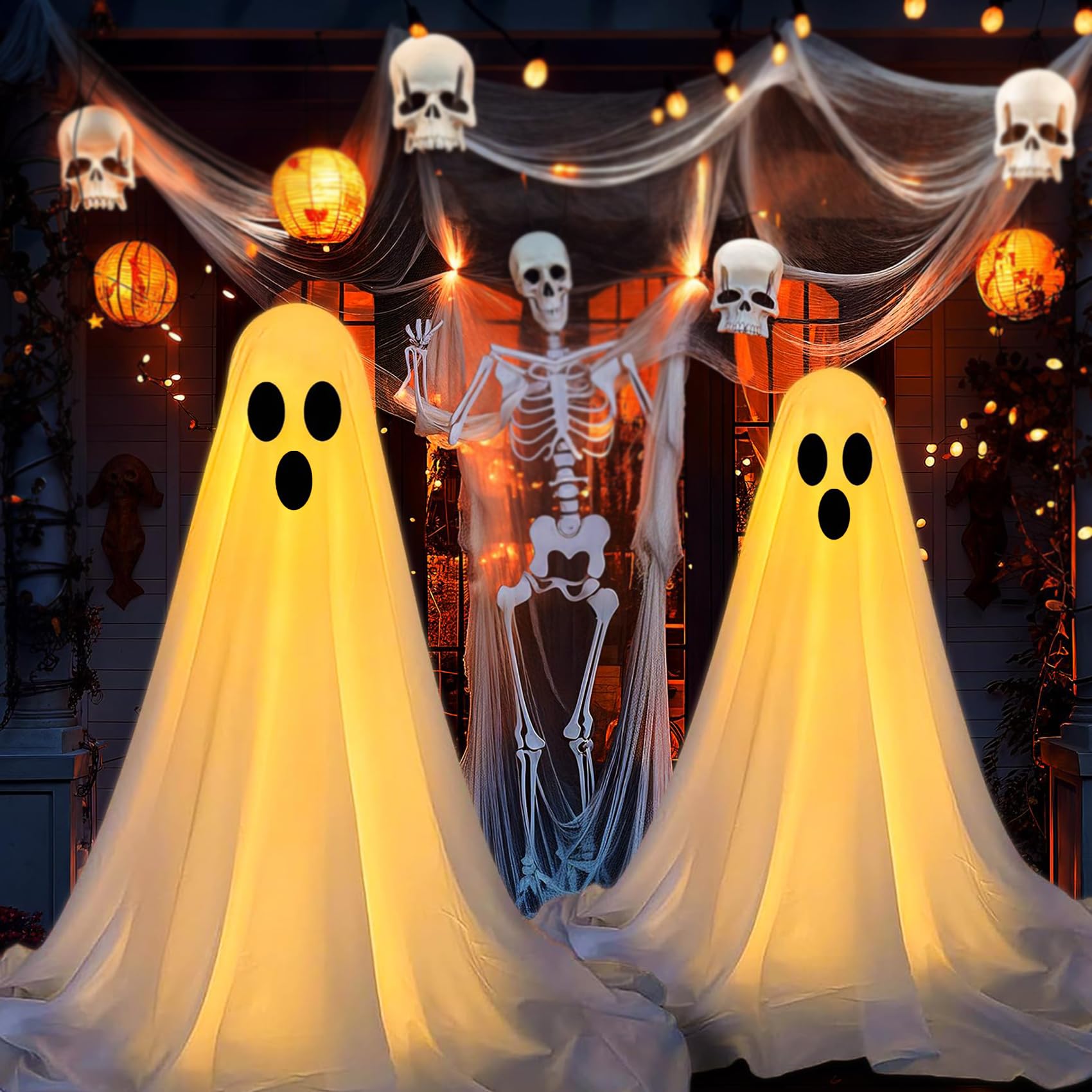 Fantôme effrayant avec guirlande lumineuse LED lot de 2 décorations Halloween extérieur