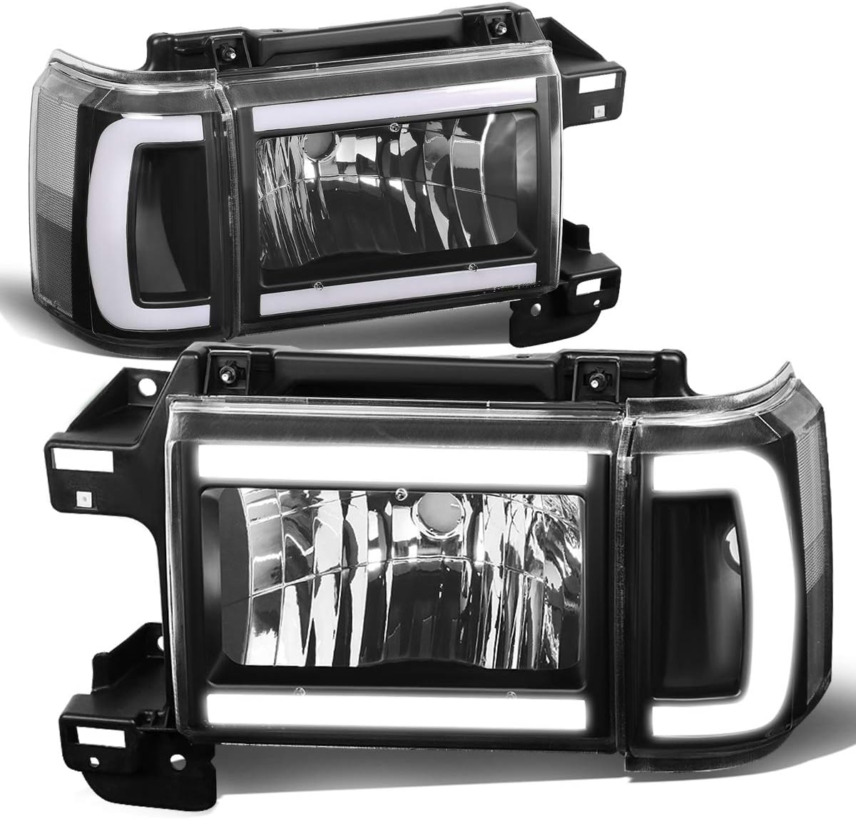 DNA MOTORING Headlamps Headlight Assembly Compatible With Ford Bronco F150 F250 F350 1987-1991, Left & Right, Black/Clear, HL-LB-F15087-BK-CL1