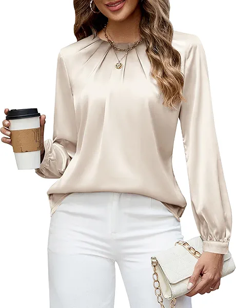Blooming Jelly Womens Dressy Business Casual Blouse Pleated Long Sleeve Tops Satin Silk Work Shirt Fall Outfits 2025