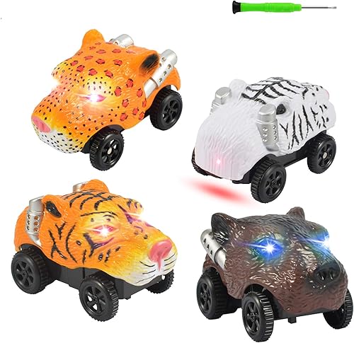 Unicorn Tracks - Auto de repuesto que brilla en la oscuridad para niños, paquete de 4 con 3 luces LED intermitentes