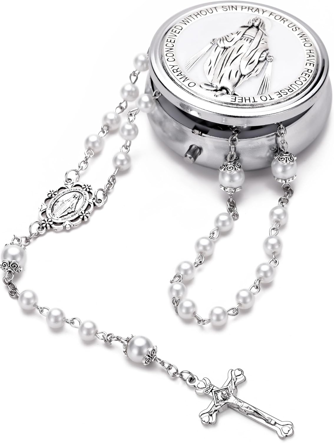 Rosary for Women with Case and 18pcs Prayer Cards, First Communion Gifts for Girls, Glass Pearl Beads and Virgin Mary Medal, Catholic Gifts - Image 4