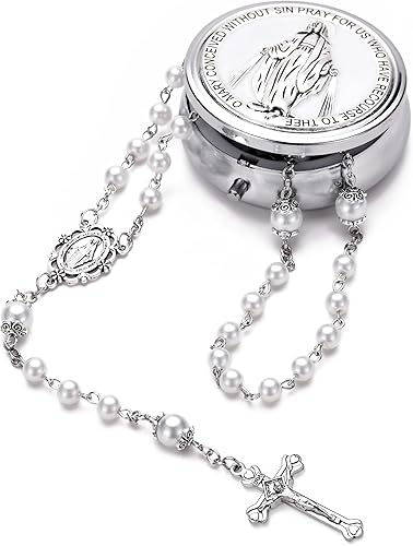 Miniatura 4 de Rosario de perlas de vidrio católico para mujeres, medalla de la Virgen María, rosario de primera comunión para niñas con caja de regalo milagrosa
