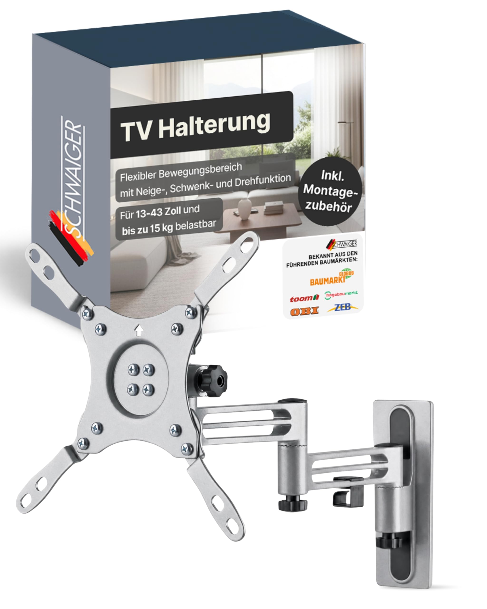 SCHWAIGER TV-Wandhalter I 13-43 Zoll Fernseherhalterung I neigbar, schwenkbar & drehbar I universelles Montageset für Flachbildschirme I TV-Halterung für Wohnwagen & Wohnmobil geeignet