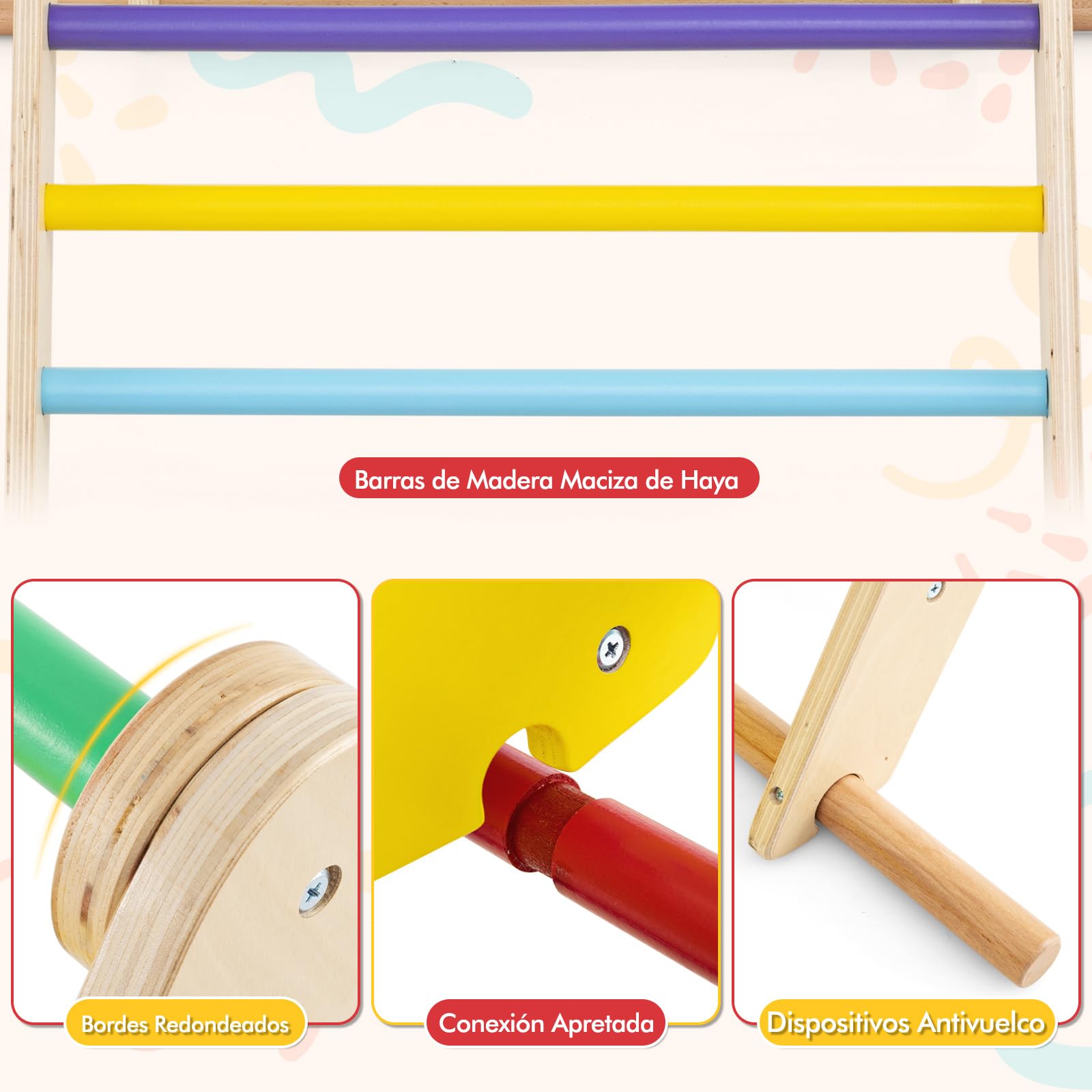 COSTWAY Juego de Triángulo de Escalada para Niños, Triángulo de Escalada Plegable con Rampa Ajustable y Bordes Lisos, Set de Trepa Montessori de Madera para Niños de 1+ Años (Multicolor)