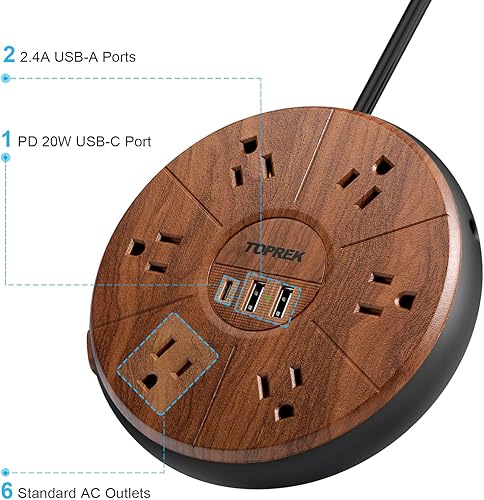 Miniatura 8 de Regleta de alimentación con USB, carga USB-C PD de 20W, cable de extensión de 6.5 pies con 6 salidas, 1 USB-C, 2 USB-A, regleta de alimentación