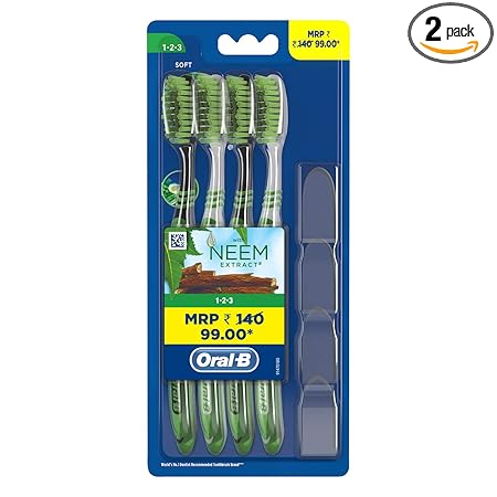 Oral- B 123 Soft manual Toothbrush for adults with Neem Extract (Multicolor,Buy 2 Get 2 Free)