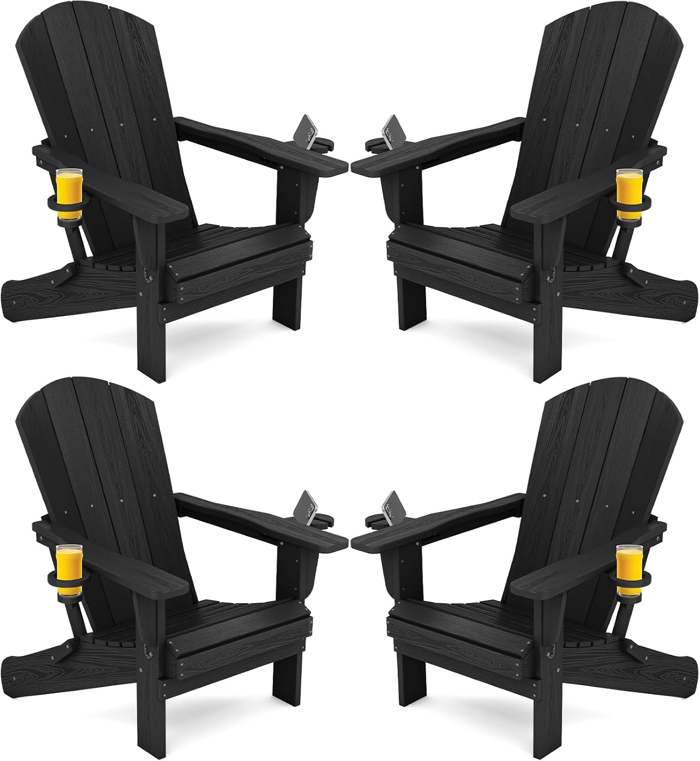 SERWALL HDPE Folding Adirondack Chair with Dual Cup Holder – Composite Adirondack Chair Set of 4- Black