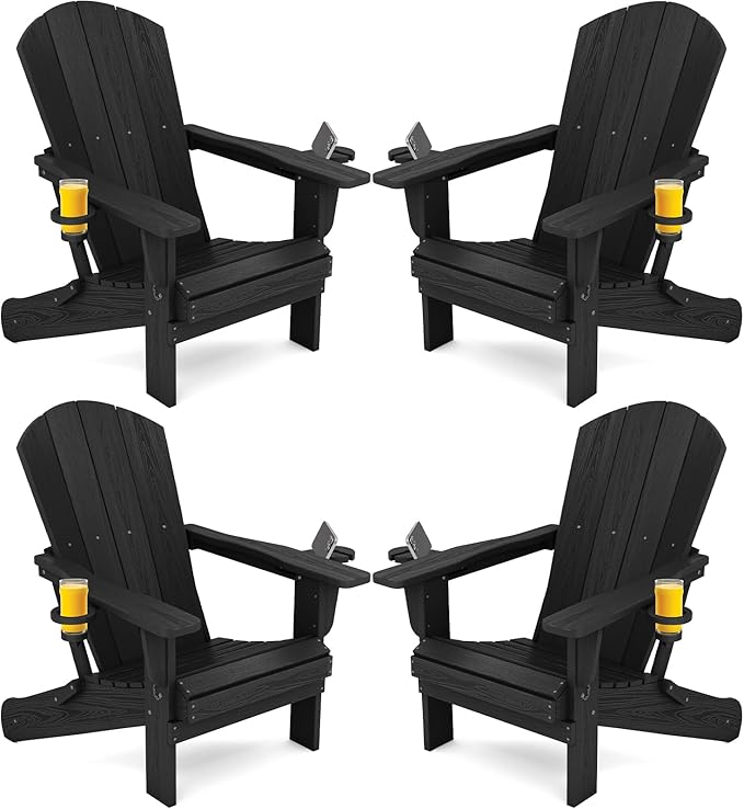 SERWALL Folding Adirondack Chair, HDPE Adirondack Chairs Set of 4, Plastic Outdoor Chairs- Looks Exactly Like Real Wood- Navy