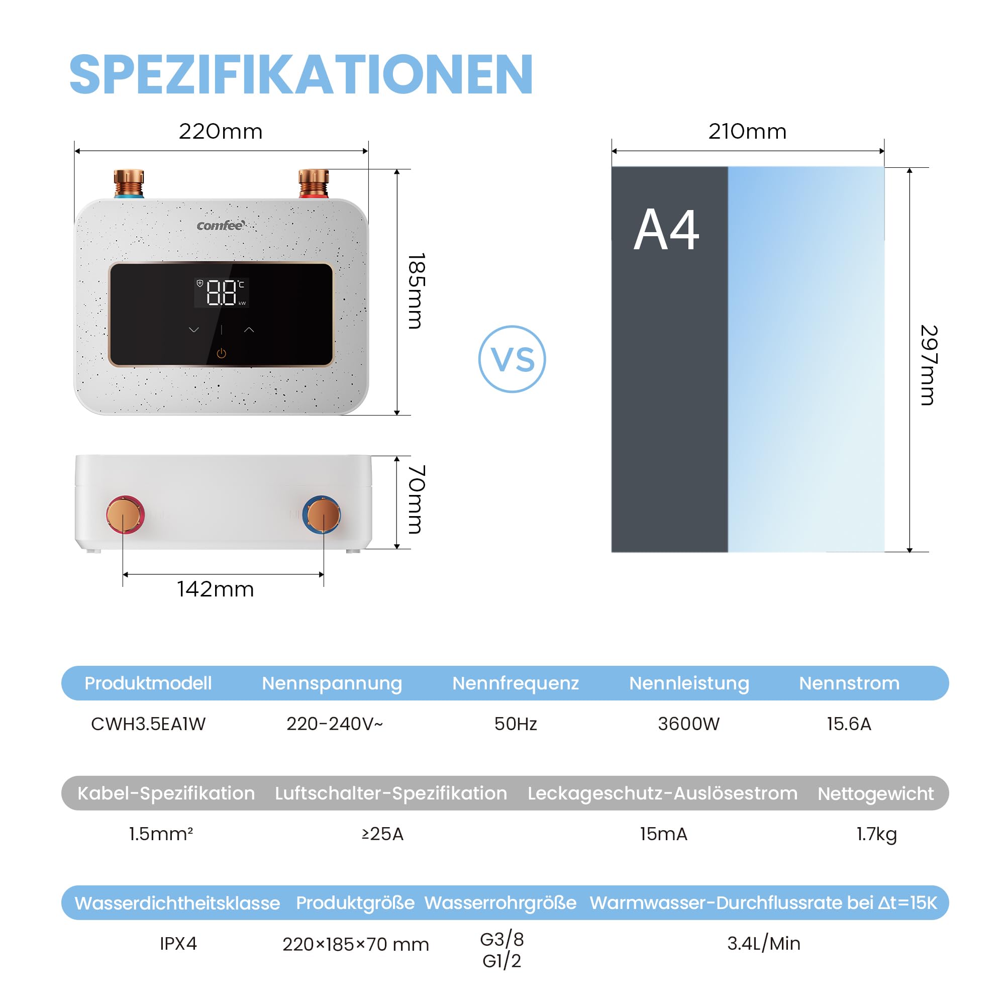 COMFEE' CWH3.5EA1W Mini Durchlauferhitzer 3,6 kW für Handwaschbecken, Elektrische Durchlauferhitzer Klein 230V Untertisch, Elektronisch geregelt, Druckfest, Sofortige Warmwasserbereitung, Platzsparend