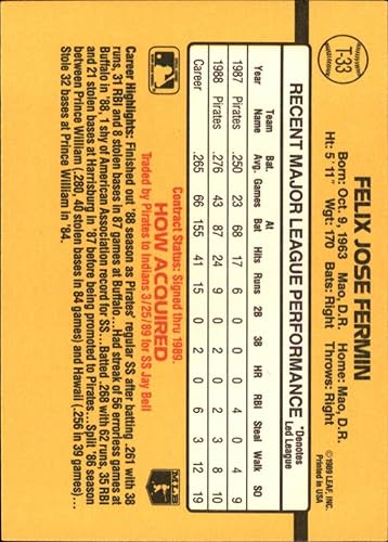 Miniatura 2 de 1989 Donruss Traded #33 Felix Fermin