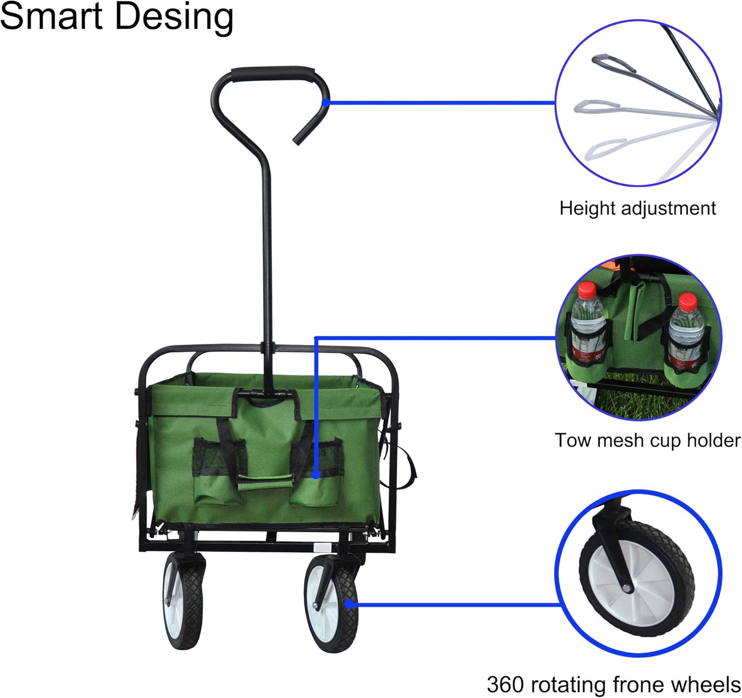 Folding Wagon Garden Cart – Heavy Duty Utility Beach Cart with Large Storage, 150 lbs Capacity, Easy Folding, Reflective Safety, Side Pockets, Camping, and Outdoor Activities, Green