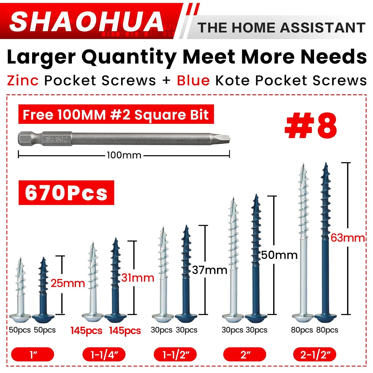 670 Pcs #8 Pocket Hole Screws(1" 1-1/4" 1-1/2" 2" 2-1/2"), Coarse Thread & Anti-Split Design for Furniture, Cabinets, Compatible with Kreg Jig, Zinc Plated & Blue Kote for Indoor Outdoor use