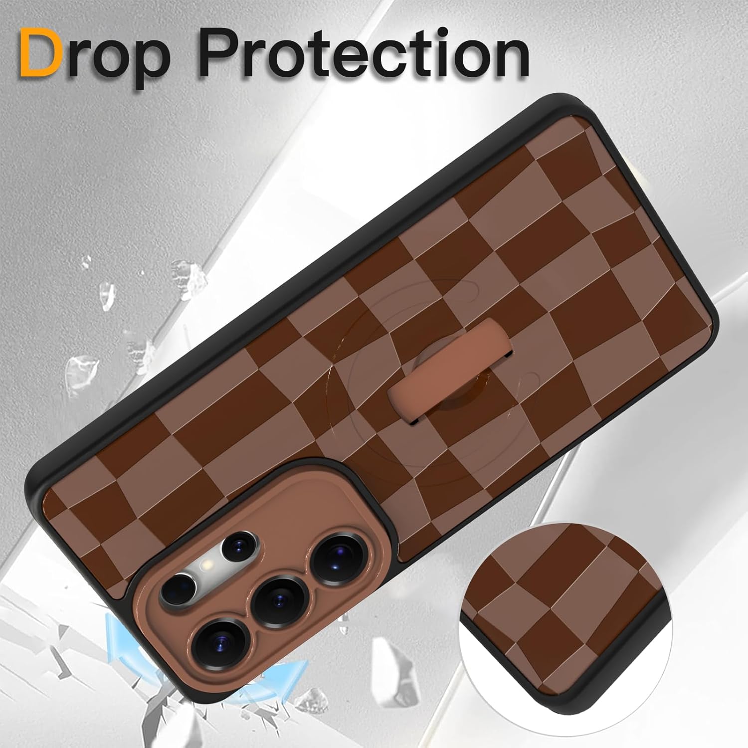 SOKAD Magnetic Checkered Case for Samsung Galaxy S26 Ultra with Finger Strap Kickstand, Compatible with Magsafe, Cute Checkerboard Designed for Women Men, Full Camera Protection Cover, Brown