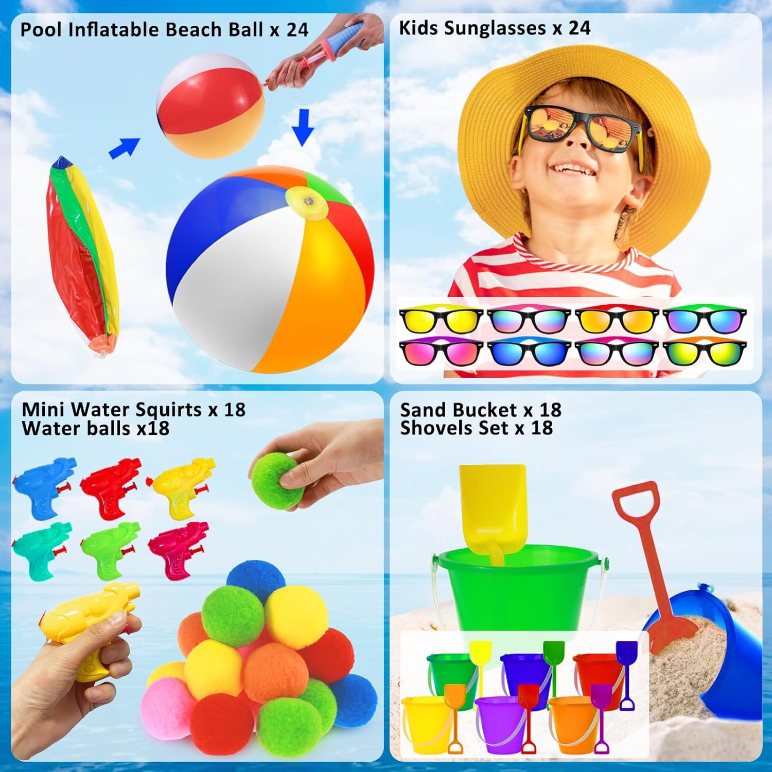 120 Pcs Kids Summer Beach Party Favors Sets- Includes 24 Inflatable Beach Balls Bulk, 18 Sand Bucket and 18 Shovels Set, 24 Neon Sunglasses Bulk, 18 Water Guns,18 Water Balls, Pool Party Gift Supplies