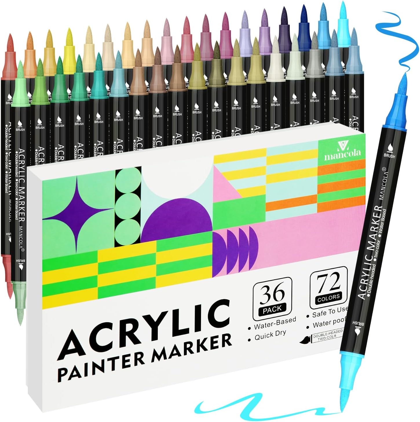 mancola 36 Pack/72 Colors Acrylic Paint Markers, Double Brush Tip with Two Colors, Acrylic Pens for Rock Painting, Wood, Canvas, Stone, Glass, Ceramic,Calligraphy, DIY Crafts Making Art Supplies