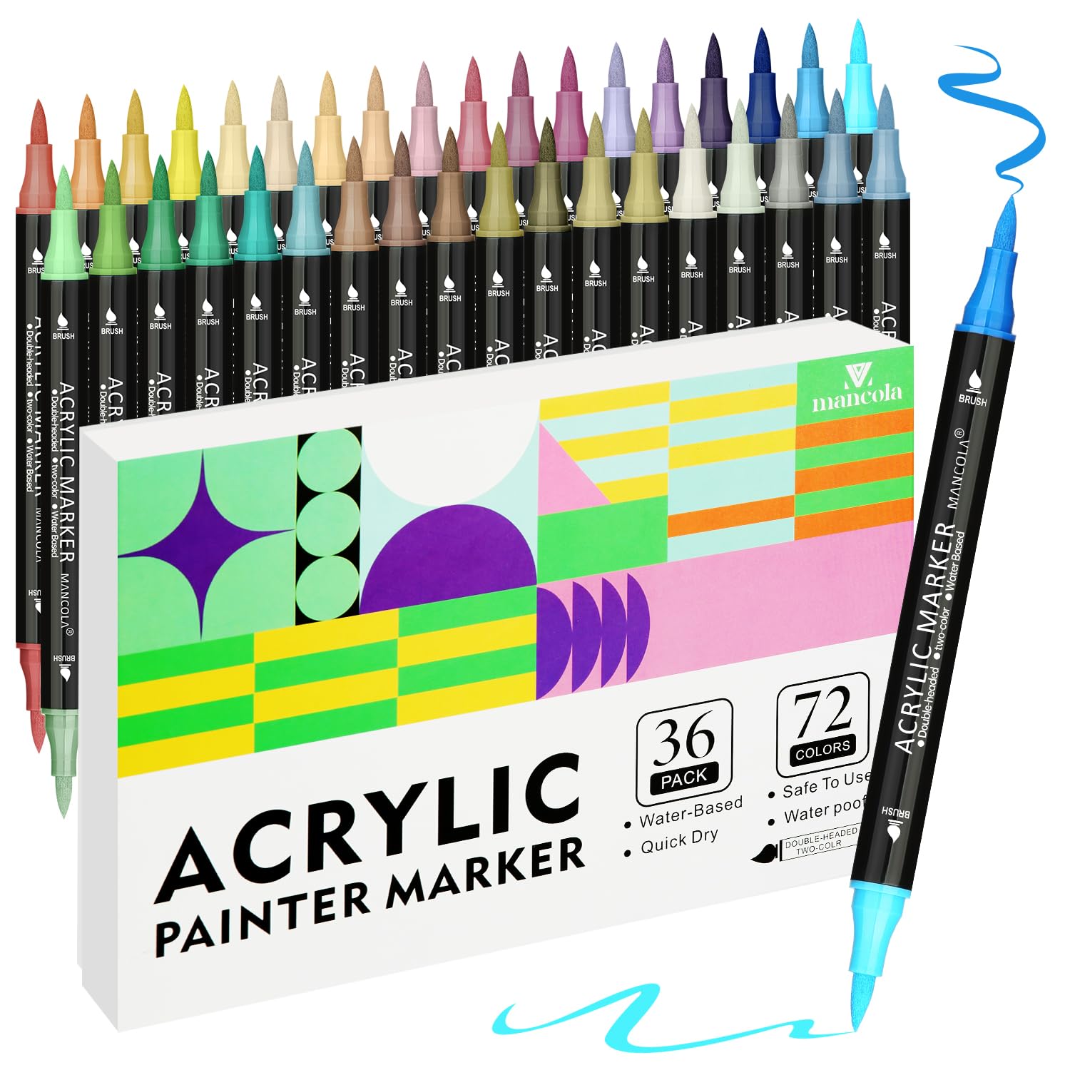 mancola 36 Pack/72 colori Marcatori di vernice acrilica, doppia punta di pennello con due colori, penne acriliche per pittura su roccia, legno, tela, pietra, vetro, ceramica, calligrafia