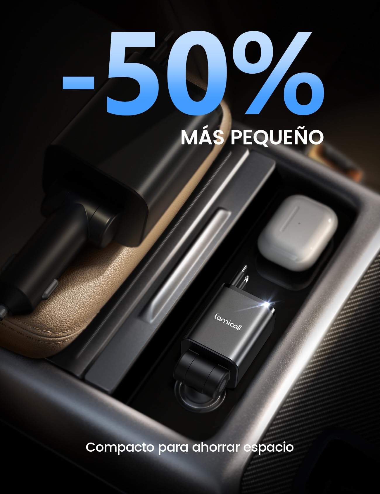 Lamicall 4 EN 1 Cargador Coche USB C, 69W Cargador Mechero Coche - [Compacto & Indicador de Voltaje] 180° Plegable Adaptador Móvil Coche con 2 Cables Retráctiles y Puerto USB-C/A, para iPhone/Samsung