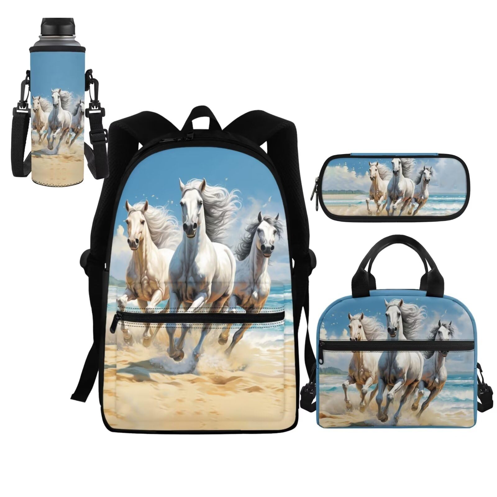 Juego de mochila escolar 4 en 1 para niños y niñas con bolsa de almuerzo, estuche para lápices, funda para botella de agua, Caballo 2, Mochilas daypack