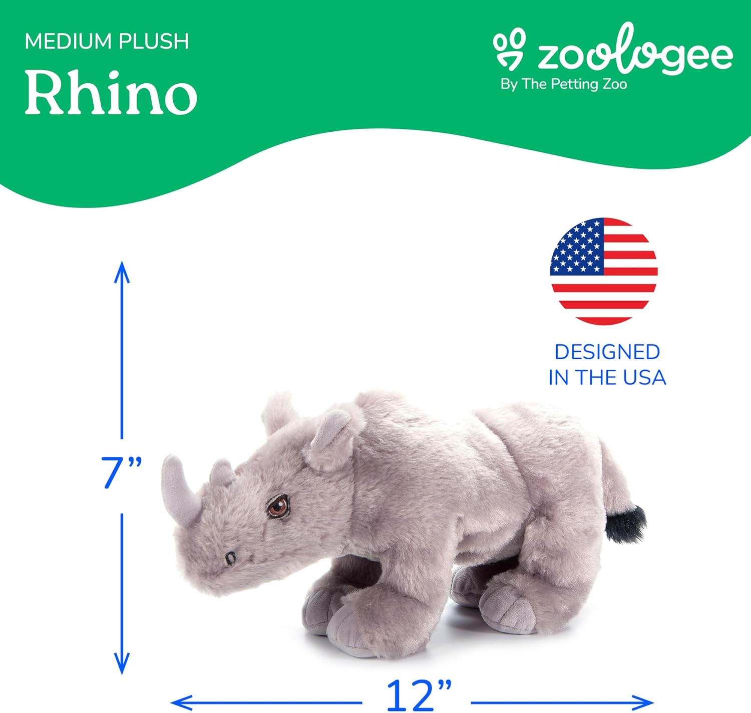 The Petting Zoo Rhino Stuffed Animal Plushie, Gifts for Kids, Earth Keeperz Wildlife Animals, Zoologee Grey Rhino Plush Toy, 12 inches