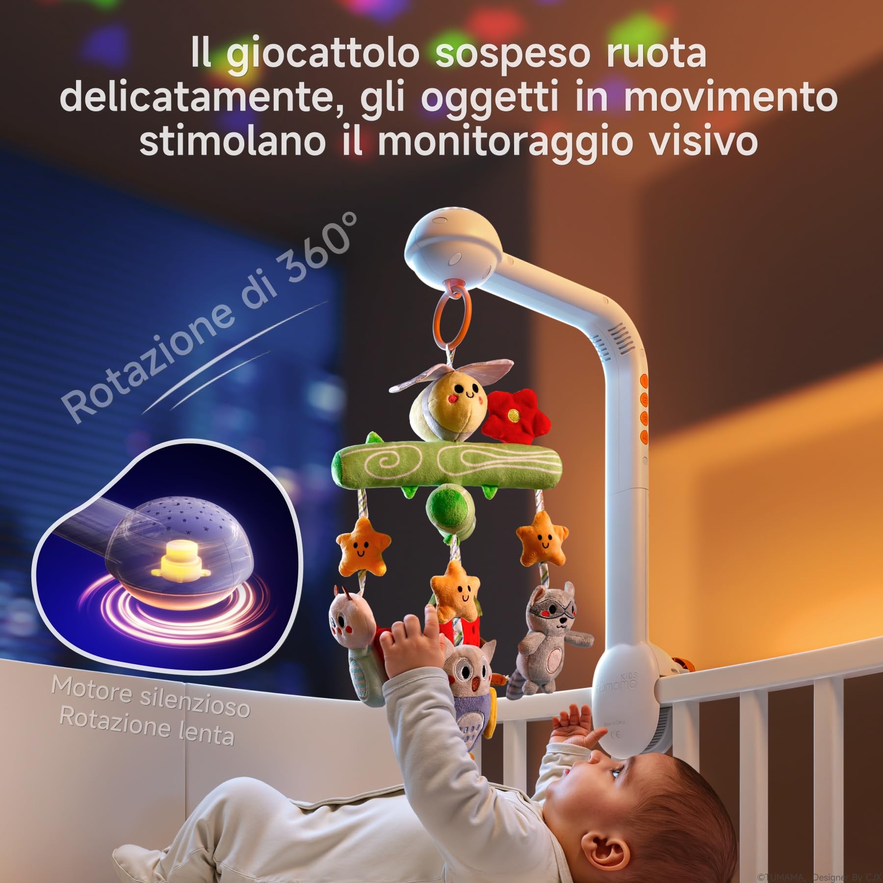 TUMAMA KIDS Giostrina Culla Neonato con Musica e Proiettore di luci, Carillon Culla per Neonati 0 3 6 9 Mesi, Sonaglio Giochi Neonato Telecomandato Giocattolo Sensoriale per Neonati Regalo