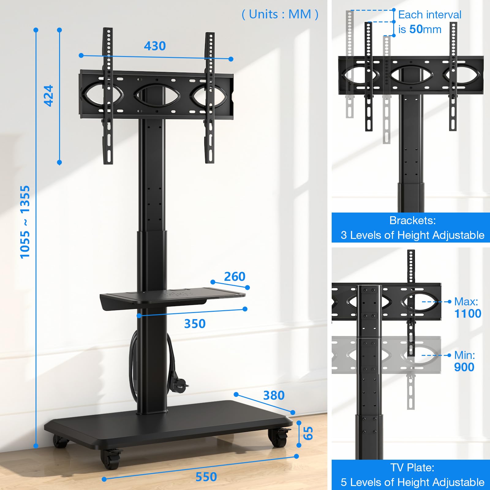 5Rcom Supporto TV Mobile su Ruote per Televisori Curvi da 32-55 Pollici, Supporto TV Girevole con Base in Legno, Altezza Regolabile con un Ripiano, Max VESA 400x400 mm fino a 35 kg