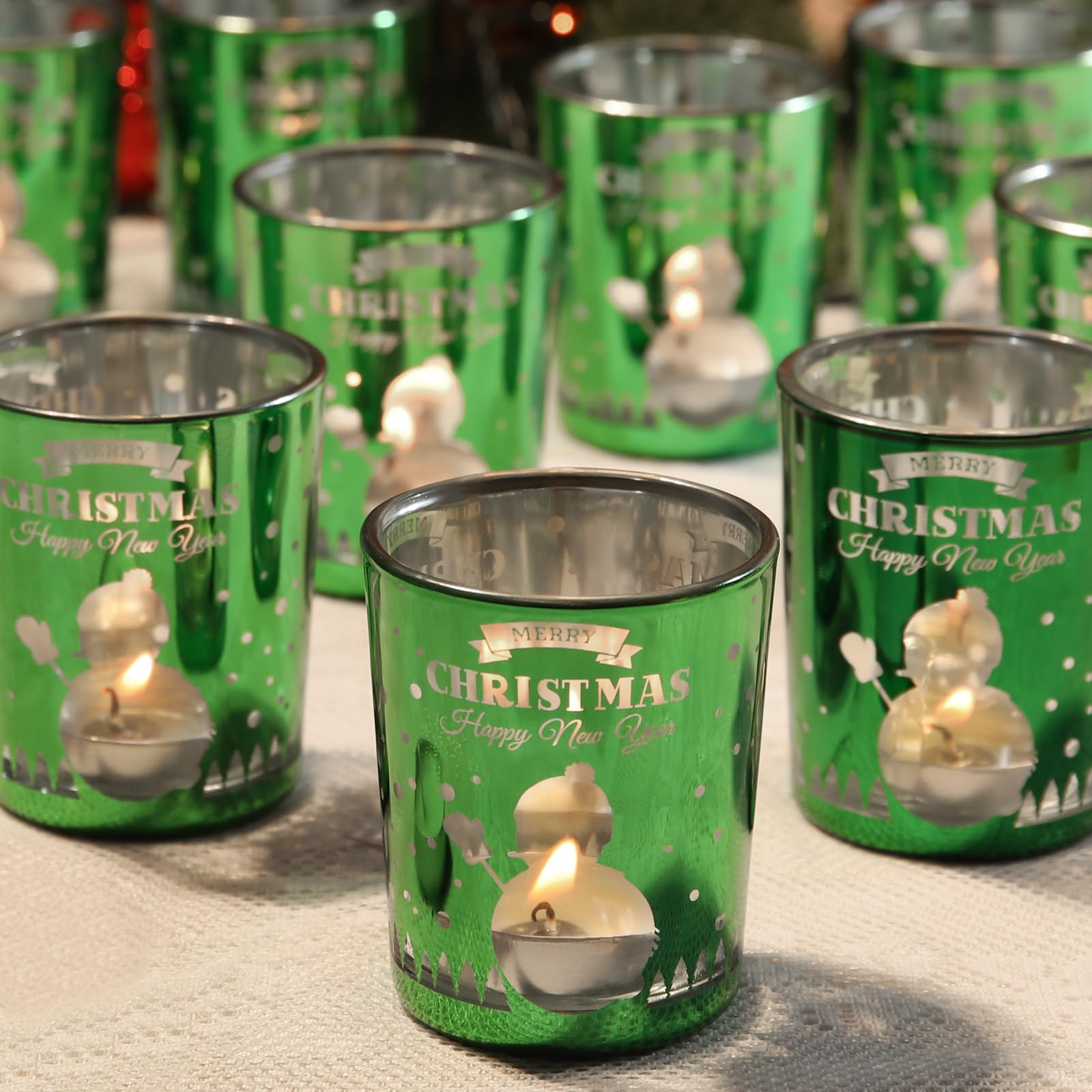12pcs Green Christmas Clearance Votive Candle Holder, Xmas Tea Light Candle Holder for Fireplace, Snowman Candle Holder Tealight Candle Holders for Christmas Tables Centerpieces Decor (Green,12)