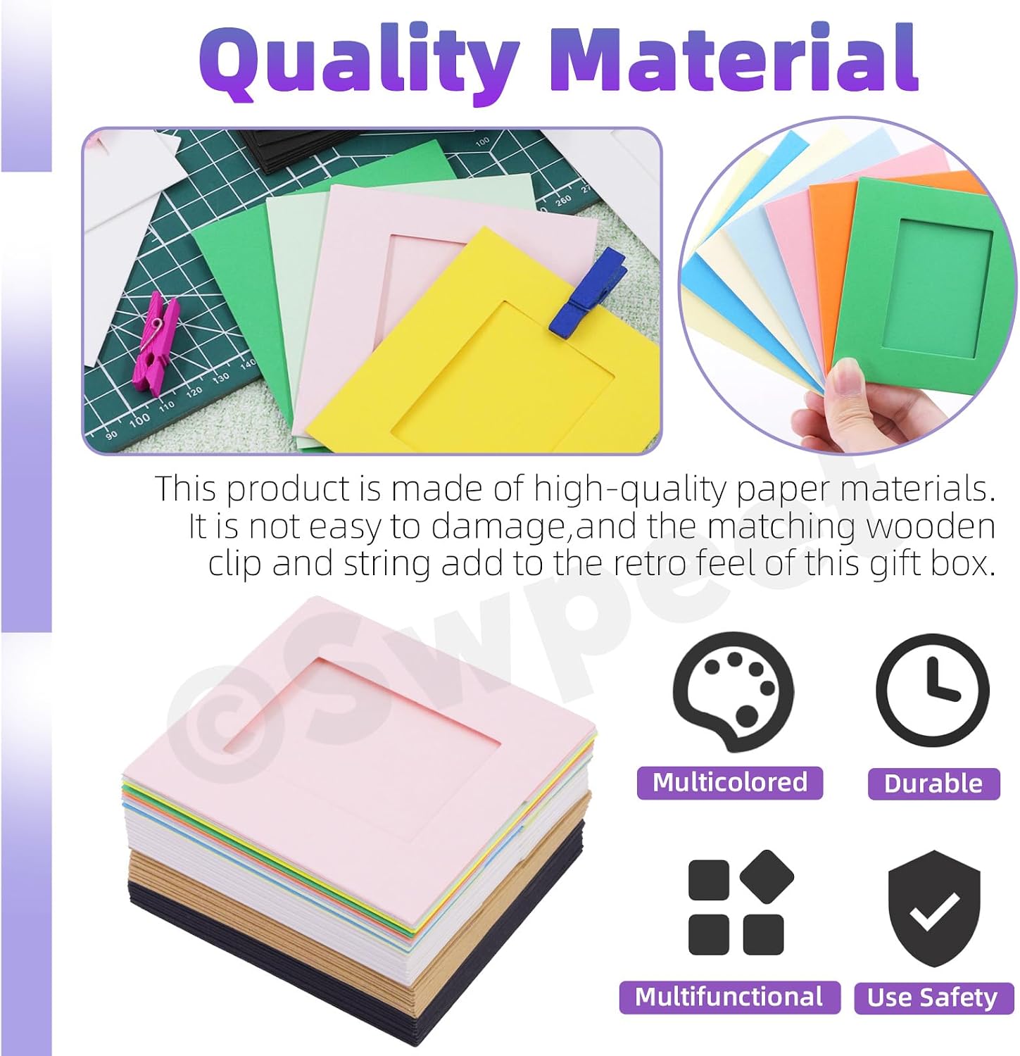 Swpeet 64Pcs Colorful 3 Inch Paper Photo Frames Set, Hanging Photo Display Frames, Cardboard Picture Frames, Colored/Khaki/White/Black Hanging Album Frame Each for 10Pcs, 20Pcs Clips, 4Pcs String image 3