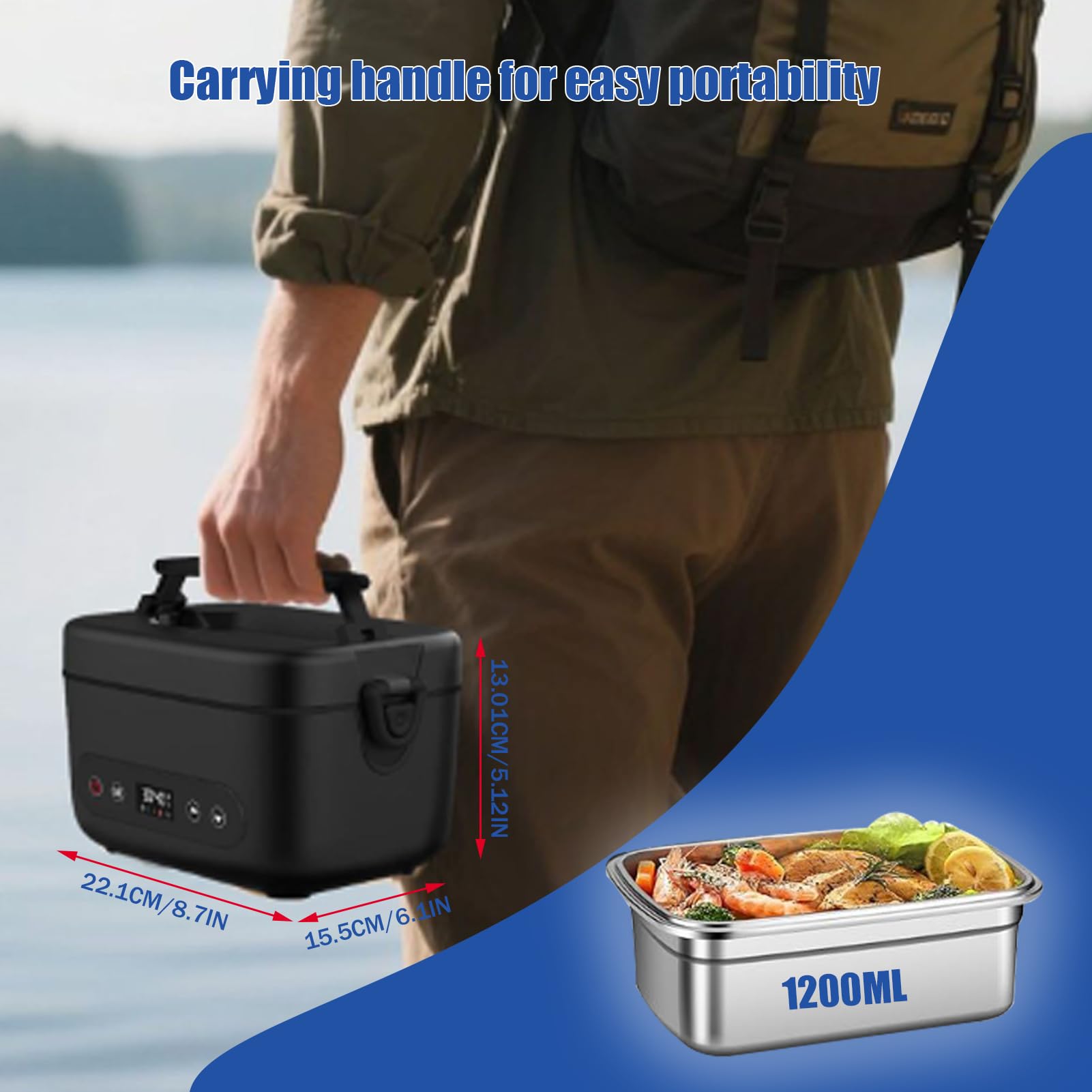 Calentador De Comida Portatil Electrico, Fiambrera Acero Inoxidable Electrica 1,2l Con Bolsas Aislamiento Y Cubiertos Fiambreras Comida Trabajo Para Comida Para Coche, Camión, Oficina (Negro gris)