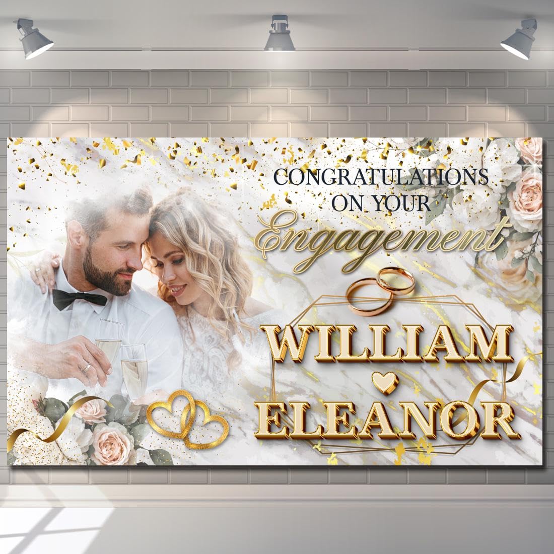 Personalised Wedding Engagement Backdrop Banner Photo Gold Balloon Heart Ring Poster Fabric Just Married Party Decorations man woman