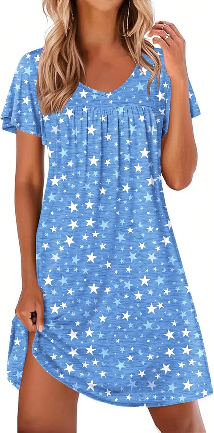 Ekouaer Nightgowns for Women Short Sleeve Sleep Shirts Pleated Night Dress V Neck Night Shirts Soft House Dress