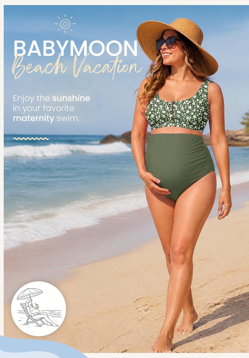 Zando Maternity Swimsuit High Waisted Bikini Set Button Down Maternity Bathing Suit 2 Piece Swimsuit for Women