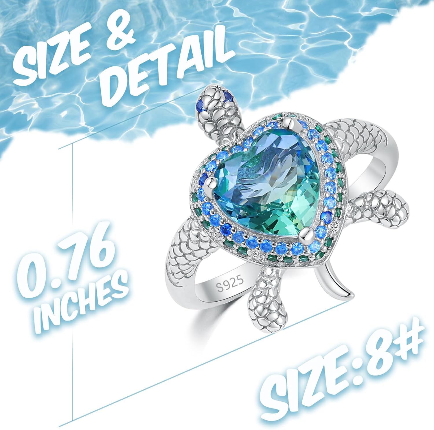 925 Sterling Silver Turtle Ring with Blue Crystal Cubic Zirconia Platinum Plated Bithday Mother's Day Ocean Theme Jewelry gift for Women Mom and Daughter 8# - Image 6