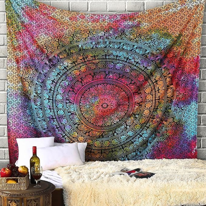 Image of Craft Trade 84x90 Inches Psychedelic Multi Cotton Mandala Ombre Wall Hanging Tapestry