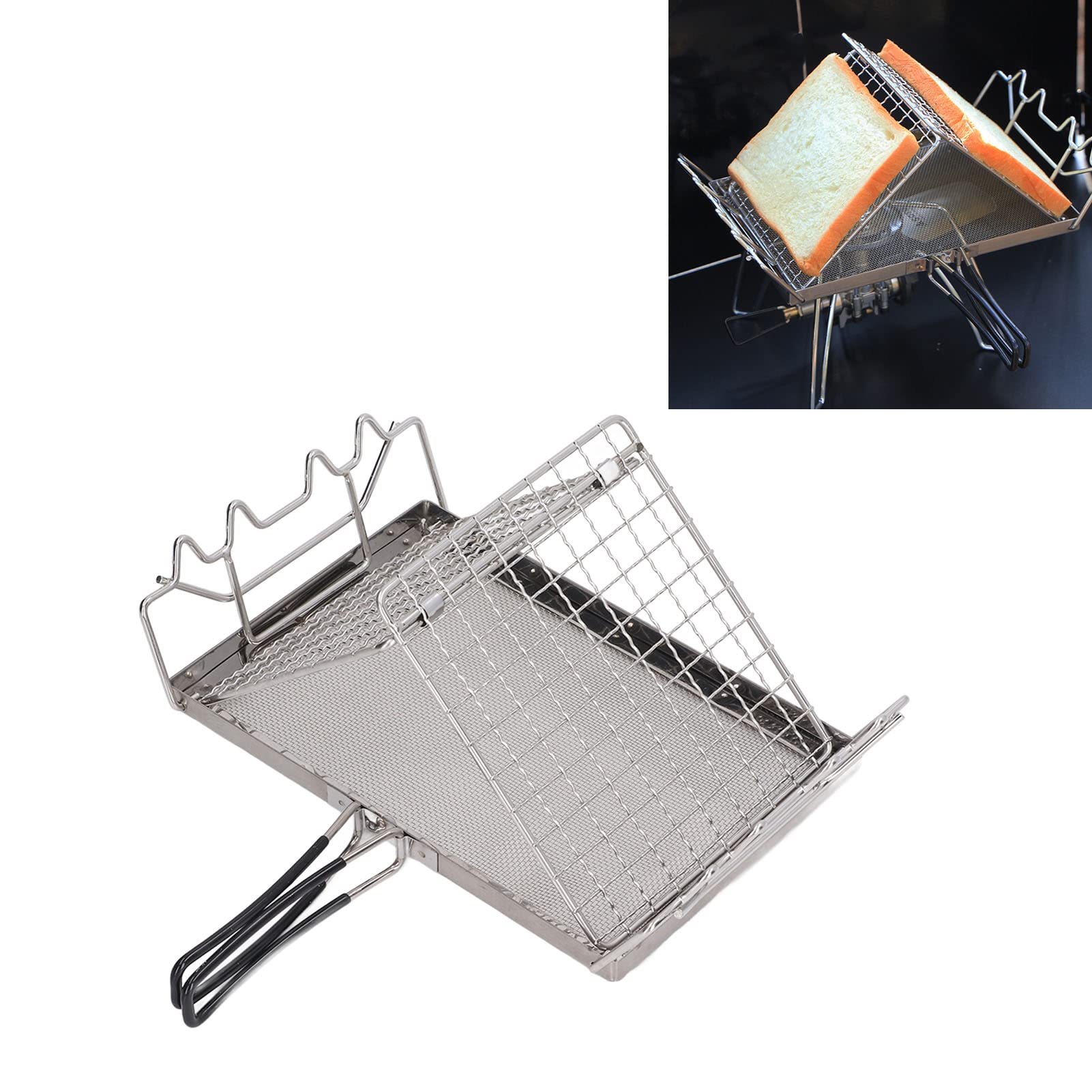 Tostador de Cocina de Camping, Bandeja tostadora Plegable de Acero Inoxidable, Tostador de Pan 2 Tostadas, Mini Tostador de Camping con Soporte para Rejilla para Picnic Hornear