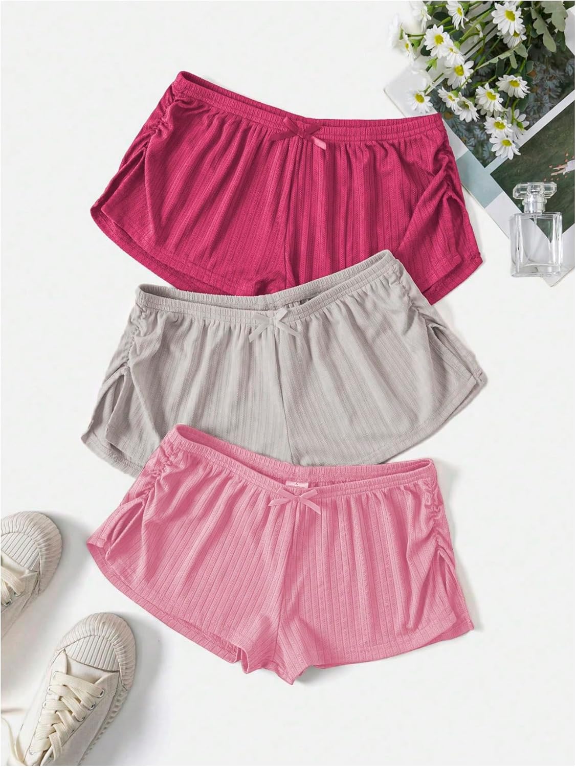 GORGLITTER Women's 3 Piece Sleep Pajama Shorts Micro Mini Low Waist Side Slit Cute Comfy Sleeping Pj Shorts - Image 6