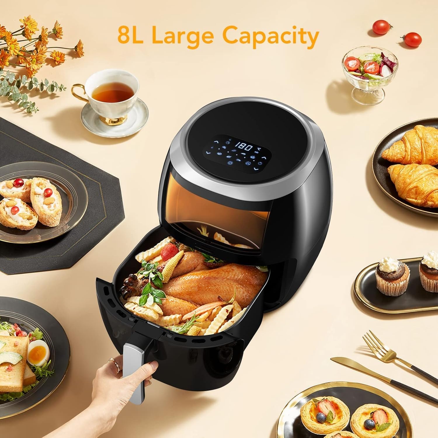 Freidoras Aire Freidora Fryer 8 Predefinidas, Pantalla Táctil LED, Ventana de Visualización, 8L Cocina Freidora Aire Caliente Sin Aceite